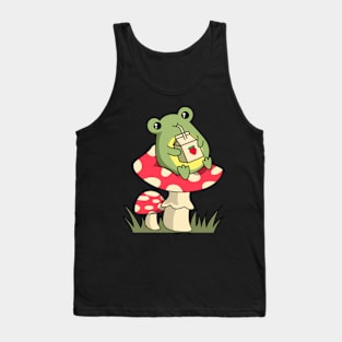 Kawaii Frog Drinking Strawberry Milk On Mushroom Frog Tank Top